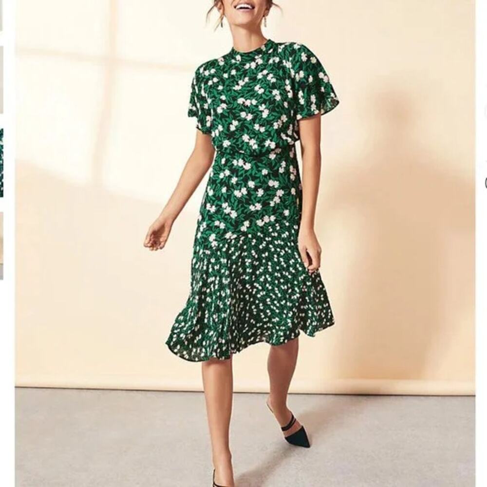 ANN TAYLOR Women's Green White Mixed Floral Mock Neck Flare Dress Size 10